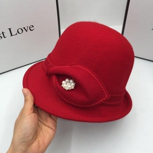 Red bucket hats for women spring and autumn period and the new wool Big domed edge fisherman hat basin hat vintage flowers