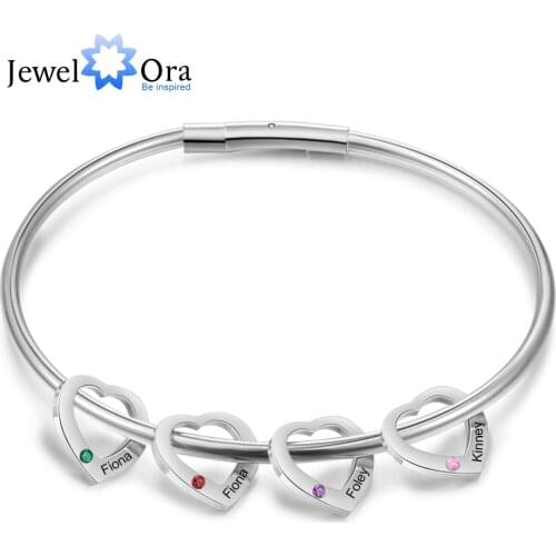 Personalized Engraved Name Heart Charm Bracelet with Inlaid 2-6 Birthstone Stainless Steel Custom Bangles Gift for Family