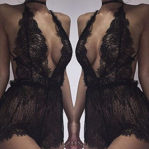 Sexy Women Deep V-Neck Halter Exotic Apparel Chemises Lace Lingerie Bodydoll Nightwear Soft Backless Sleepwear