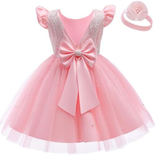 Toddler Baby Girls Princess Dress Flower Tulle Cute Dresses Infant Pearl Bow CostumeWedding Birthday Party Clothing For 1-5Y