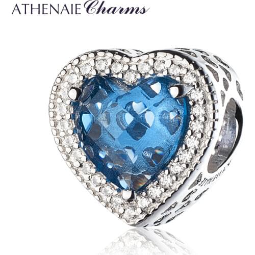 ATHENAIE 925 Sterling Silver Radiant Hearts Beads Charms Pave Moonlight Blue Crystal & Clear CZ Fit Bracelets Women