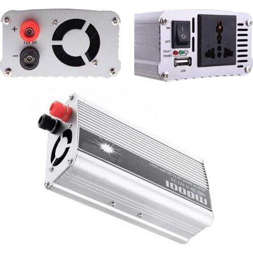 DC 12V to AC 110V Transformer 1000W USB Power Inverter Converter with Car Charger & A Pair Alligator Clip