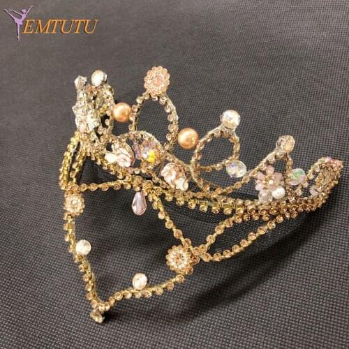 Gold Pink Orange Professional Ballet Headpiece Crown Hand Made Crystal Ballet Tiara Performance Ballet Headwear Sugar Plum Fairy