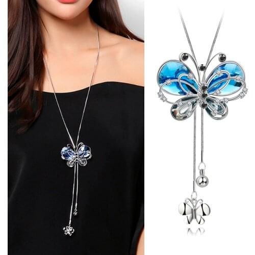 Luxury Long Necklaces for Women 2020 Fashion Butterfly Sweater Chain Necklace Vintage Silver Color Choker Necklaces & Pendants