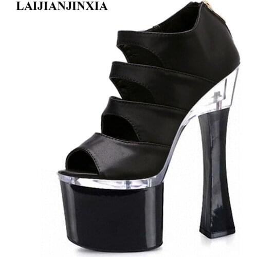 LAIJIANJINXIA Thick with sandals in the summer 2016 PU leather Roman wind peep-toe 18 cm stitching ultra-high with women shoes