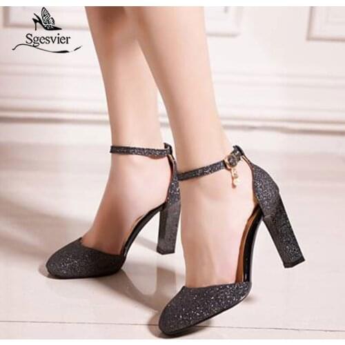 Sgesvier Ankle Strap Women Sandals 2020 New Summer Square High Heels Sandals Dress Party Shoes For Women Plus Size 31-45 B186