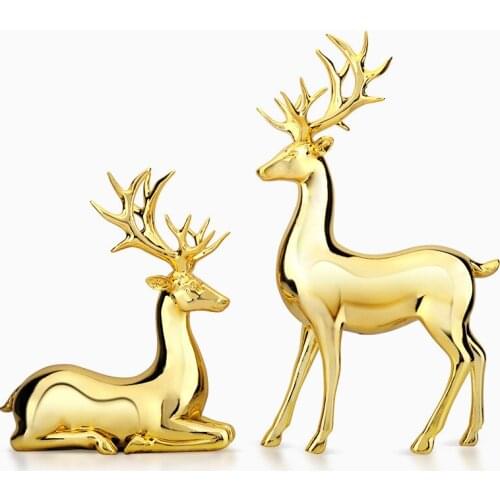 2 PIECES GOLD RESIN DEER FIGURINE FAIRY GARDEN MINIATURE STATUE SCULPTURE ABSTRACT HOME LIVING ROOM DECOR MODERN DESKTOP CRAFTS