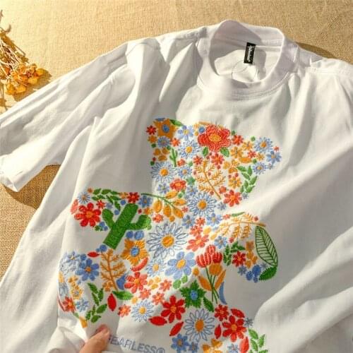 Cotton Short-sleeved T-shirt Womens 2021 Spring and Summer New Style Bear Embroidery Printing Loose Student Half-sleeved Shirt