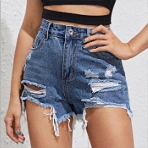 2021 Summer Wild Sexy Ripped Shorts Women Ladies Trendy Solid Color Irregular Hem Hole Classic Style Casual Denim Shorts