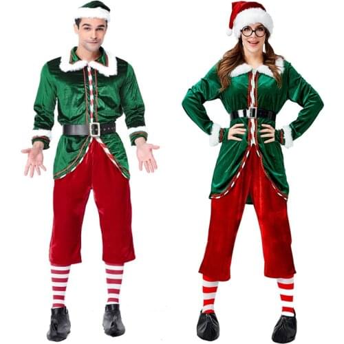 Women Men Green Velvet Christmas Party Sant Claus Costume Couple Deluxe XMAS Santa Claus Outfit