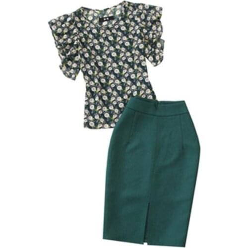 Fashion suit female summer New high-quality Printed thin chiffon shirt + bag hip skirt Two-piece OL set women Work clothes