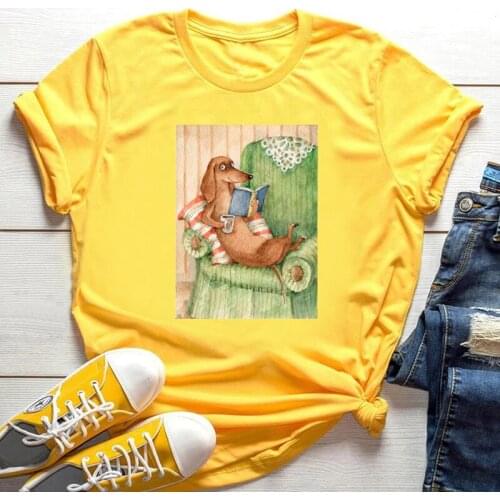 WVIOCE Dachshund Print Ladies Top Fashion Cartoon Large Size Women T-shirt Pink Yellow Female Short Sleeve O Neck Clothes