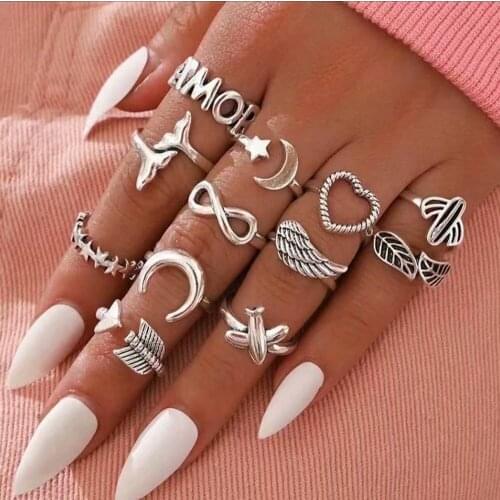 Fashion Silver Color Wings Horns Leaves Heart-shaped Letters Set Ring For Women Trendy Personality Rings Boho Vintage Jewelry