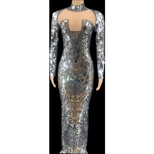 Women Dancer Show Stage Evening Dress Long mirror dress Birthday Celebrate Transparent Prom Sequins Dress