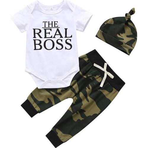 2020 Summer Newborn Baby Boy Clothes Set Letter Print Romper Top Camouflage Trousers Hat Clothes Outfits Set Cotton Baby Clothes