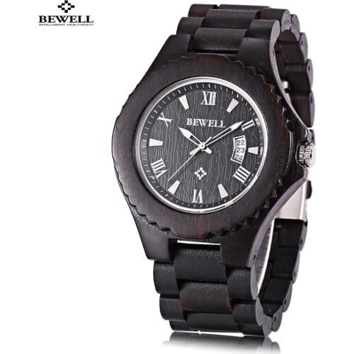 Bewell Men Wooden Quartz Watch Date Luminous Display Japan Movt Wristwatch