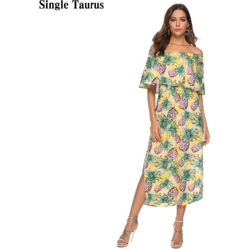 Bohemian Chiffon Print Dress 2021 Summer Short Sleeve Fruit Pineapple Pattern Beach Strapless Loose Straight Cascading Dress