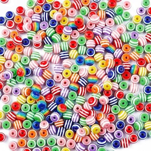 Boho Rainbow Colorful Striped Beads Rounds Resin Beads Ball Spacer Beads Charms Findings 6mm 8mm 10mm 50pcs Jewelry Making M4