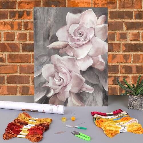 Flower Pink Grey Floral Nordic Printed Fabric 11CT Cross Stitch Embroidery Full Kit DMC Threads Needlework Hobby Painting