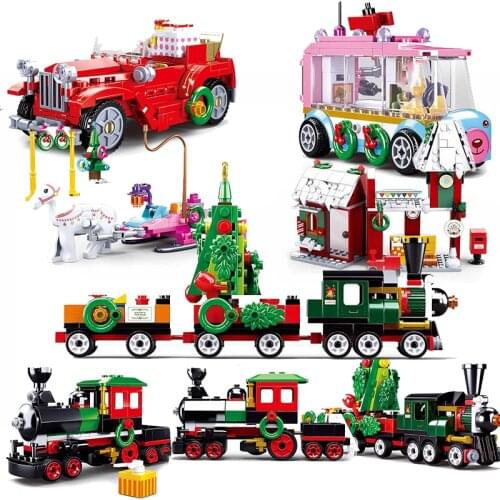 Country Winter Train Village Town Christmas Gift House Sets Model Building Friends Kid Toy Car City Vehicle Girls Railway Engine