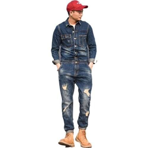 Mcikkny Fashion Mens Ripped Denim Bib Overalls Multi-pockets Blue Color Slim Fit Jeans Jumpsuits For Male Suspender Pants
