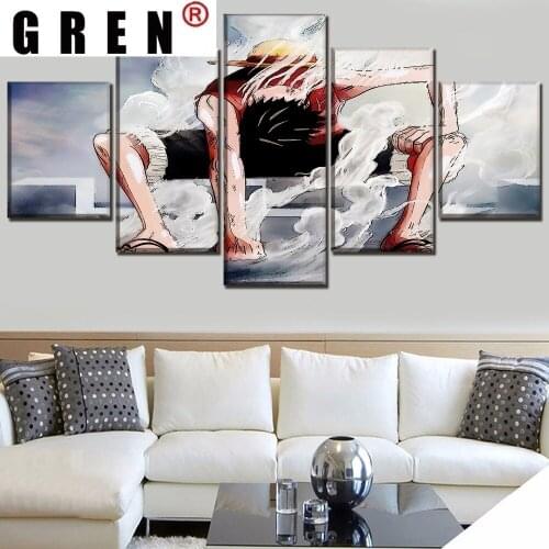 GREN One Set Framework and Unframed 5 Panel Anime One Piece Monkey D.Luffy Poster Canvas HD Print Painting Modern Wall Art Decor