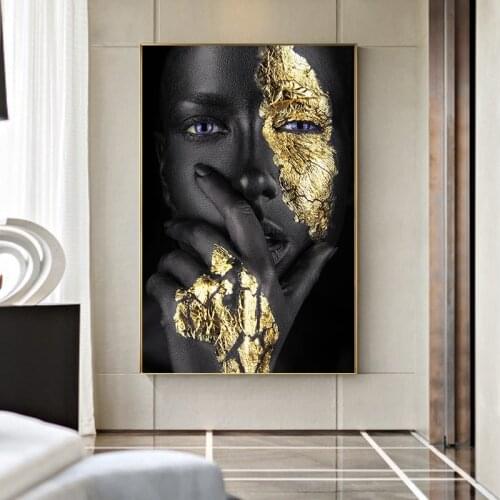 African Art Black and Gold Woman Canvas Painting Posters and Prints Scandinavian Wall Art Picture Cuadros for Living Room
