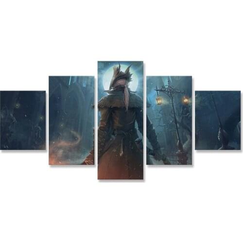 Bloodborne Dark City Moon Warrior Wall Art Painting 5 Panels Home Decor Paintings Paintings for Living Room Wall