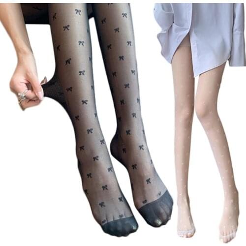 Women Summer Thin Stretch Pantyhose Cute Bowknot Jacquard Sexy See-Through Tights Stockings Solid Slim Party Clubwear
