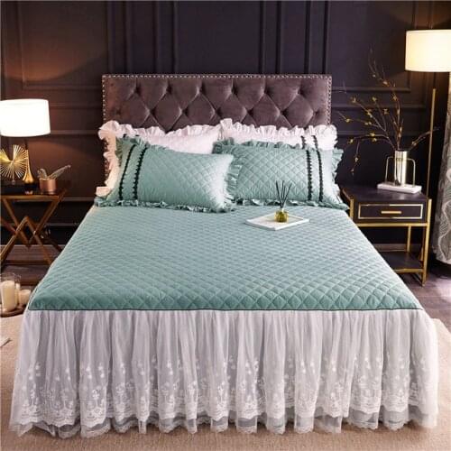 Korean 100% Cotton Quilted Double Bedspreads Purple White Twin Full Queen King Lace Bedskirt Thick Bed Cover Set Pillow Covers