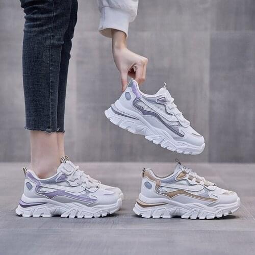 Womens Sneakers Air Mesh Thick Bottom Lace-Up Shallow Female Vulcanized Shoes Fashion Comfortable Leisure Ladies Footwear