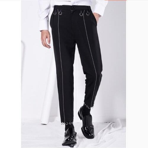 M-3xl Original Design Hair Stylist Pants Nine Points Small Trousers Mens Iron Ring Decoration Korean Of Slim Black Pants Singer