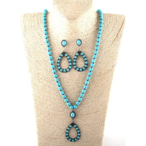 MOODPC Fashion Jewelry Set Turq Stone / Glass Long Knotted Drop Necklace Earring set