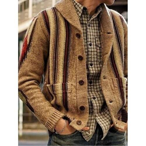 Mens Turn-Down Collar Cardigan Pocket Patchwork Autumn Winter Warm Long Sleeve Jackets Knitted Casual Male Sweater Pull Homme