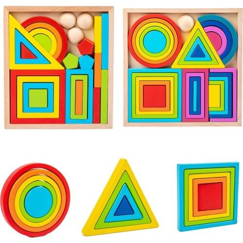 Kids Wooden Building Block Set Montessori Rainbow Nesting Creative Stacking Toys Geometric Educational Balance Jenga Game Gift
