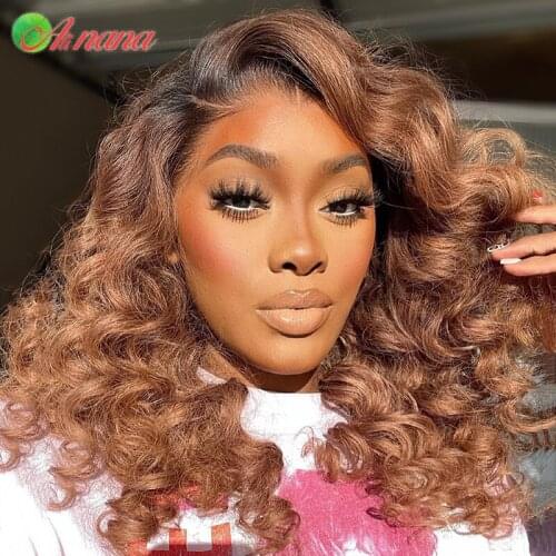 Transparent Loose Wave Wig Lace Frontal Wig Peruvian 180% Density Honey Brown Pre-Plucked Lace Front Human Hair Wig For Women
