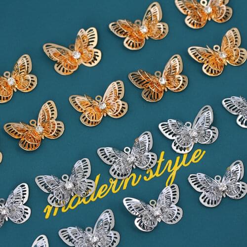 10Pcs Multicolor Hollow Rhinestone Butterfly Charms 23*16mm Alloy Gold Silver Insect Pendant For DIY Necklace Making Accessories
