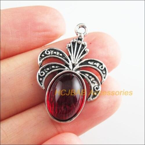 8Pcs Tibetan Silver Tone Oval Crown Red Glaze Charms Flower Pendants 22x32mm