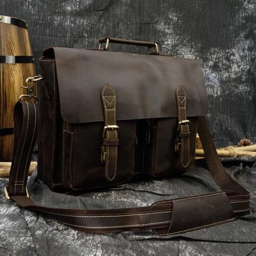 Crazy Horse Genuine Leather Man Briefcase Vintage Real Cow Leather Male Messenger Shoulder Bags Laptop Business Office Handbag