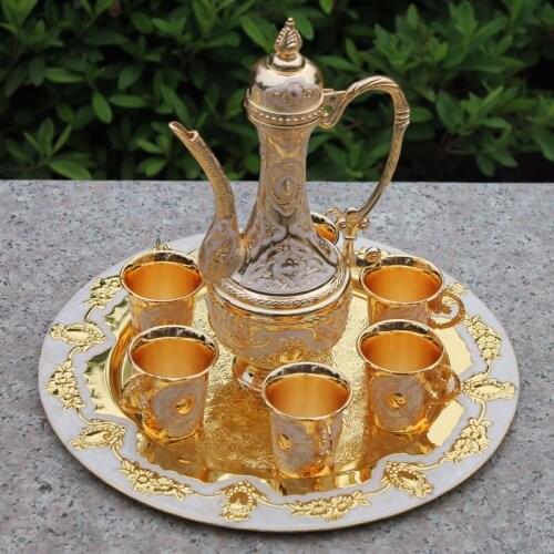 Handwork Chinese gold color metal wine /tea fashion zinc alloy wine 1 plate+ 1 pot +6 cupsDecoration Silver Brass
