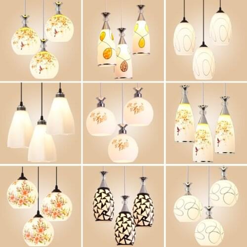 Glass Pendant Lights Painted Flower Round lampshade Chandelier lamp Suspension LED hanging fixture Kitchen Sink Cafe Dining Room