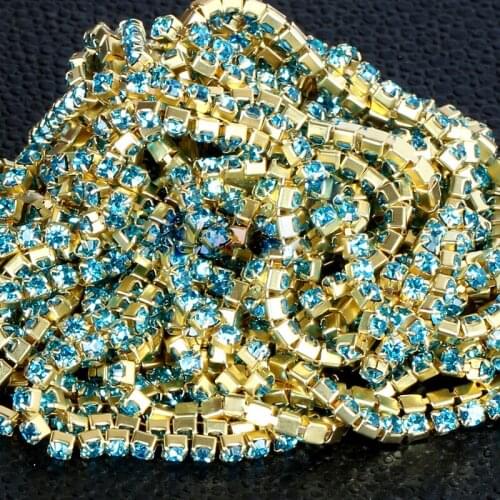 SS6,8,10,12 10m All Size Aquamarine rhinestone cupchain crystal and plated golden base use for garment accessories wedding dress