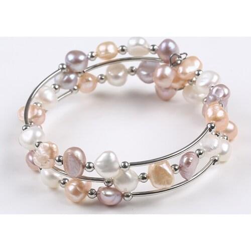 Three Rows Natural Colorful Baroque Pearl Beads Stretch Bangle Multi Color New Match Bracelet