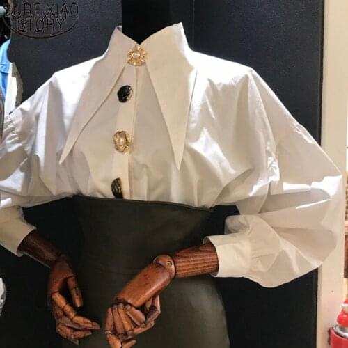 All-match Long-sleeve Womens White Shirt 2021 Autumn New Casual Fashion Point Collar Big Button Retro Blouse Trend Tops 15630