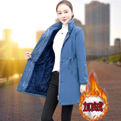 Mid-Length Cotton Windbreaker Womens 2020 Winter Korean Hooded Plus Velvet Thick Trench Coat Female Large Padded Clothing Q371