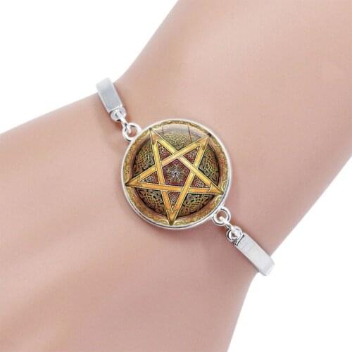 Magic Wicca Pentagram Glass Cabochon Bangle Luck Satanism Occult Star Silver Chain Charm Bracelet Women Men Fashion Jewelry