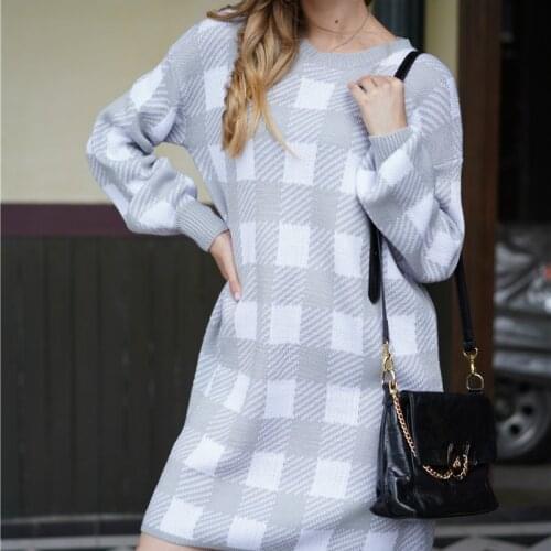 Plus Size Winter Knitted Long Sweater Women Long Sleeve O Neck 2020 Autumn Office Lady Straight Pullover Plaid Sweater Dress
