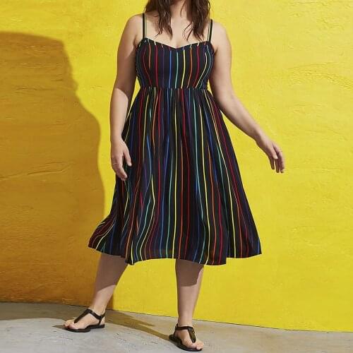 2021 Summer Dress Plus Size 5XL Women Sleeveless Colorful Striped Print High Waist Strap Slip Dress Backless Sexy Party Dresses