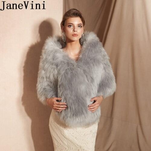 JaneVini Winter Wedding Fur Coat Gray Faux Fur Wrap Bridal Shawl Cape Woman Evening Prom Stole Jacket Boleros Shrugs Outerwear