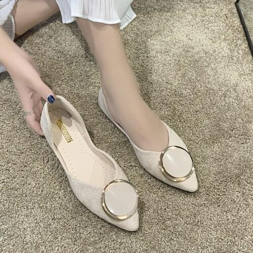 2020 Fashion Womens Shoes Flats Elegant Retro Pointed Toe Workplace Essential Charm Simple Metal Decoration Solid Color W33-35